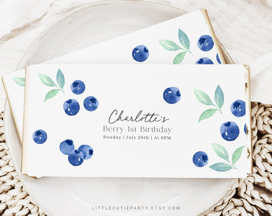 Editable Berry First Birthday Chocolate Bar Wrapper, Blueberry Birthday Candy Bar Wrapper, Blueberry Birthday Decor BLUEBD001