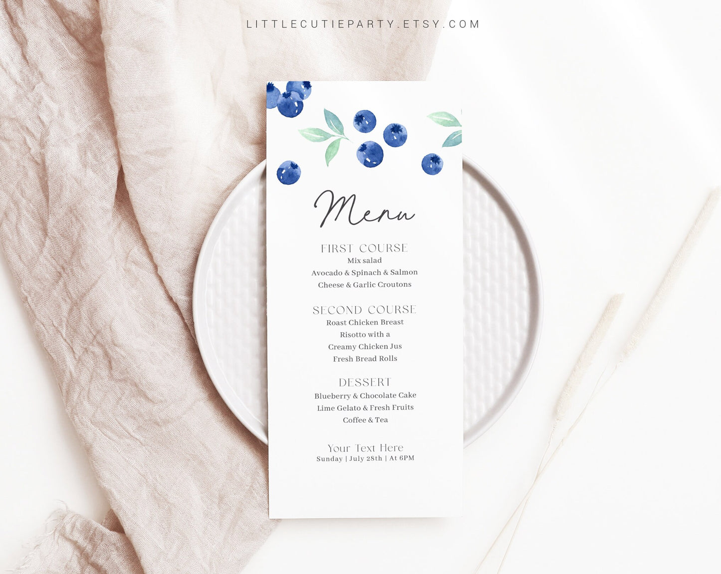 Editable Berry First Menu Template, Blueberries Menu Template, Blueberry Baby Shower and Blueberry Birthday Decor BLUEBD001