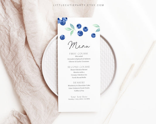 Editable Berry First Menu Template, Blueberries Menu Template, Blueberry Baby Shower and Blueberry Birthday Decor BLUEBD001