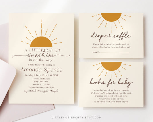 Editable A Little Ray of Sunshine Baby Shower Invitation, Boho Sunshine Baby Shower with Diaper Raffle, Books for Baby and Tag SUNBS001