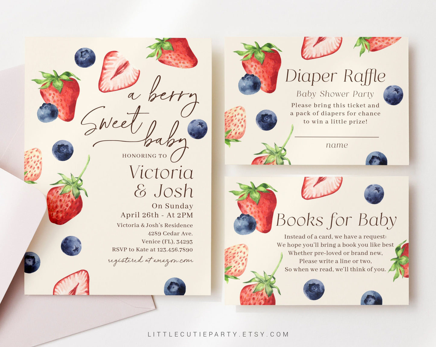 Editable Berry Sweet Baby Shower Invitation, Berry Baby Shower Invites, Blueberry Strawberry Diaper Raffle, Books for Baby and Tag BRSBS001