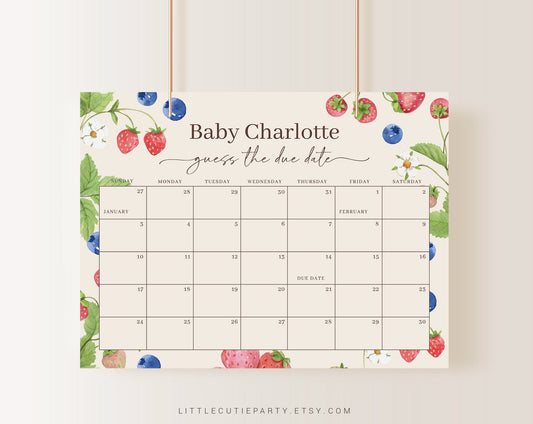 Editable Berry Baby Shower Calendar, Berry Sweet Due Date Calendar, Blueberry and Strawberry Baby Shower Due Date Calendar Games BERGR001