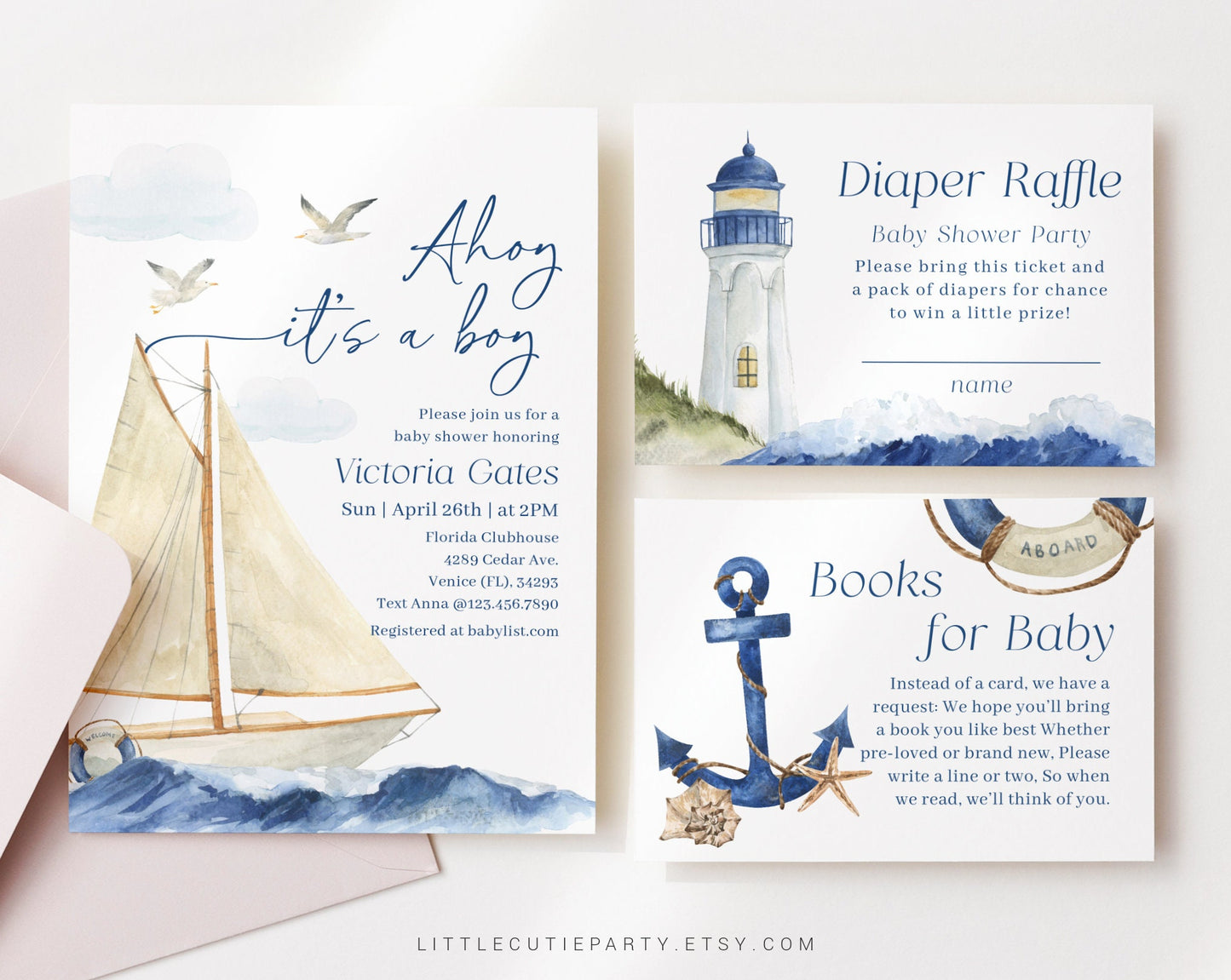Editable Ahoy Its a Boy Baby Shower Invitation, Nautical Baby Shower Invite, Nautical Invitations, Diaper Raffle, Books for Baby AHBBS001