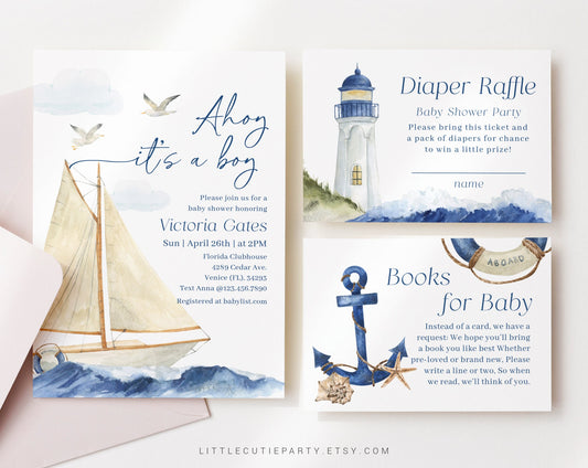 Editable Ahoy Its a Boy Baby Shower Invitation, Nautical Baby Shower Invite, Nautical Invitations, Diaper Raffle, Books for Baby AHBBS001