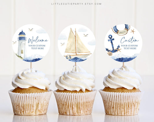 Editable Nautical Baby Shower Cake Topper, Ahoy Its a Boy Baby Shower Cupcake Toppers, Baby Shower Cake Topper Decorations AHBBS001