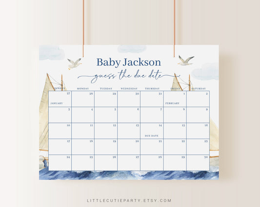 Editable Ahoy Its a Boy Baby Shower Calendar, Nautical Due Date Calendar, Navy and Anchor Baby Shower Due Date Calendar Games AHBBS001