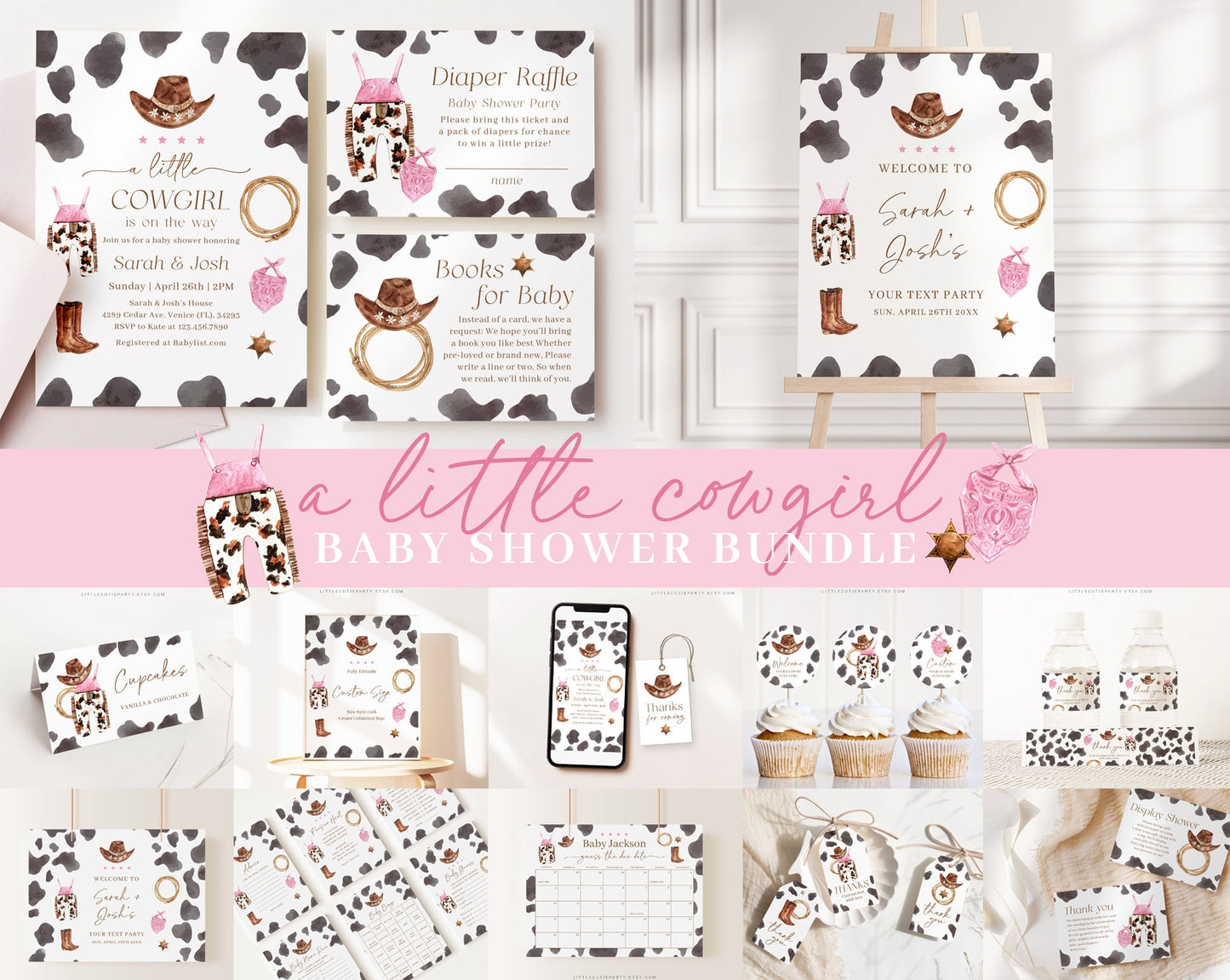 Editable Cowgirl Baby Shower Invitation Bundle, A Little Cowgirl is On the Way Baby Shower, with Games Bundle and Baby Shower Decor CWGBS001