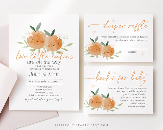 Editable Two Little Cuties Are On The Way Baby Shower Invitation, Twin Baby Shower Invite, Diaper Raffle, Books for Baby and Tag TLCBS001