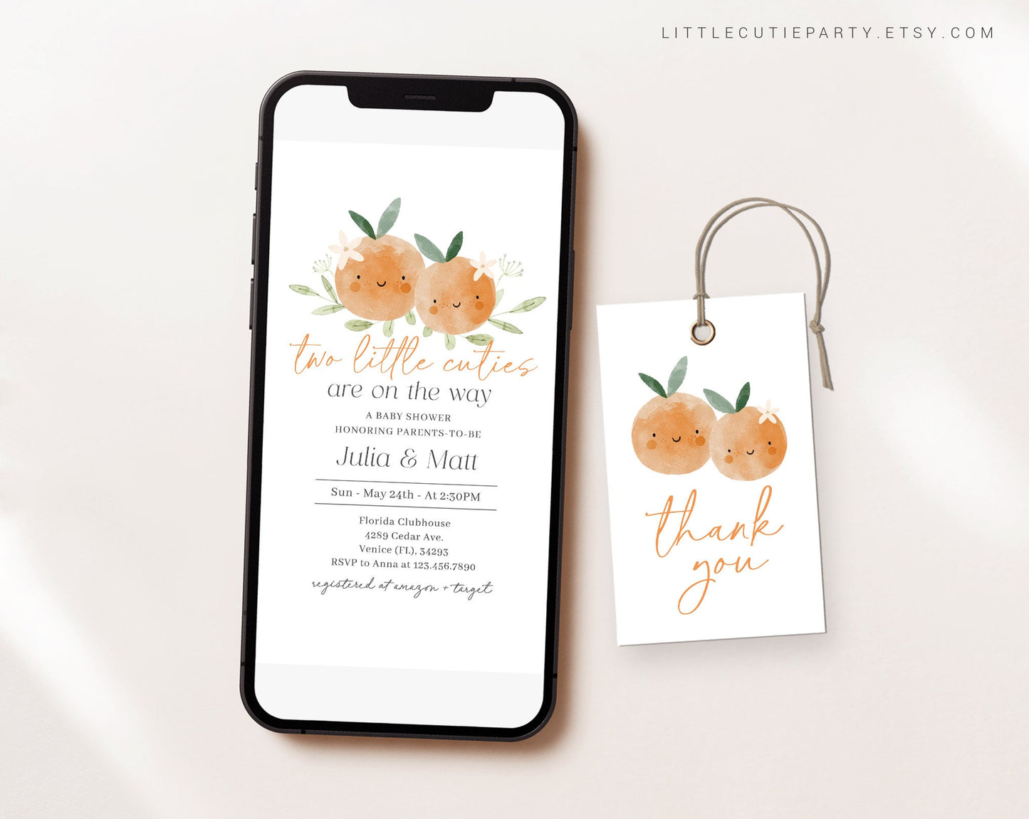 Editable Two Little Cuties Are On The Way Baby Shower Invite, Clementine Baby Shower Evite, Digital Invitation for Twin Party TLCBS001