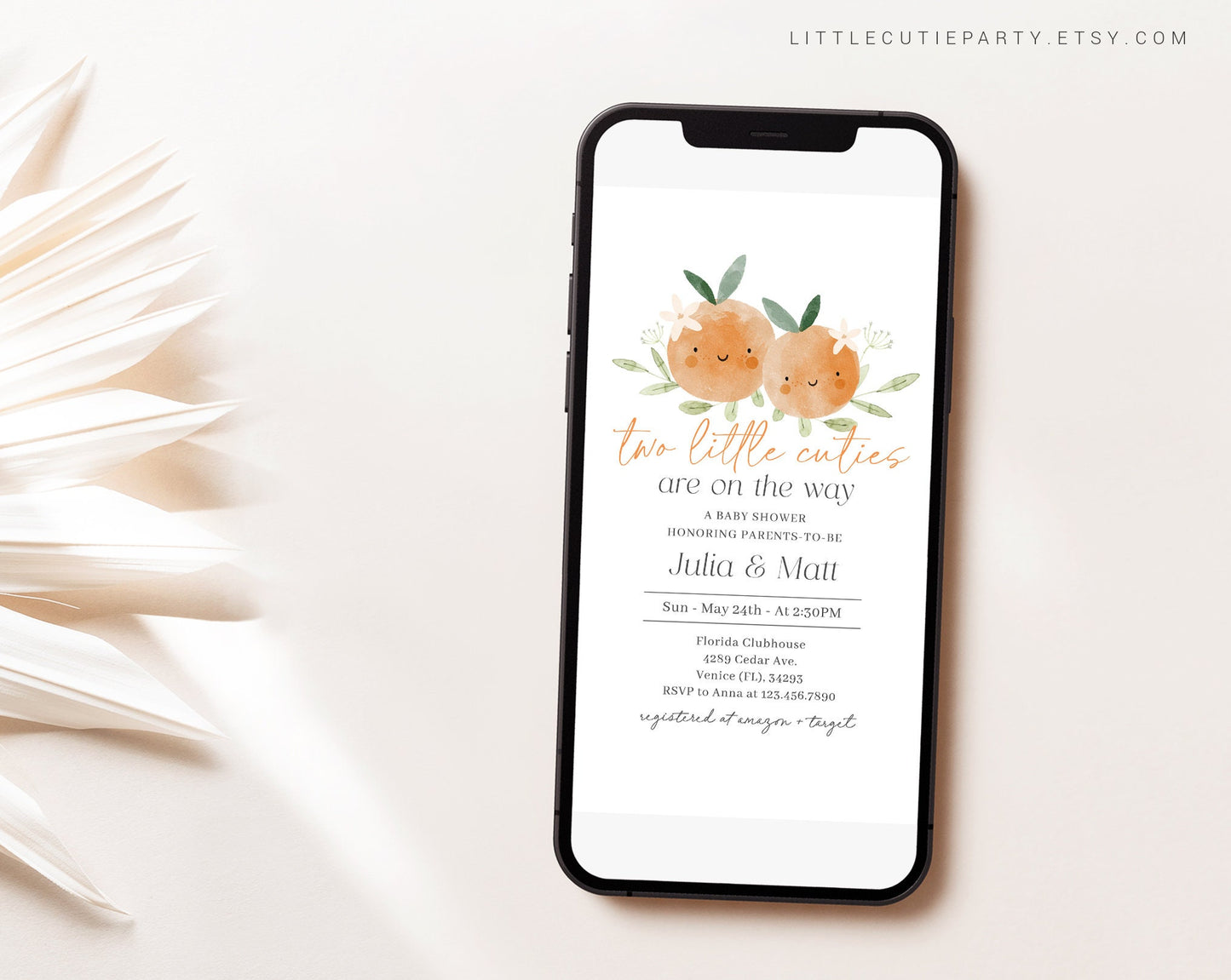Editable Two Little Cuties Are On The Way Baby Shower Invite, Clementine Baby Shower Evite, Digital Invitation for Twin Party TLCBS001