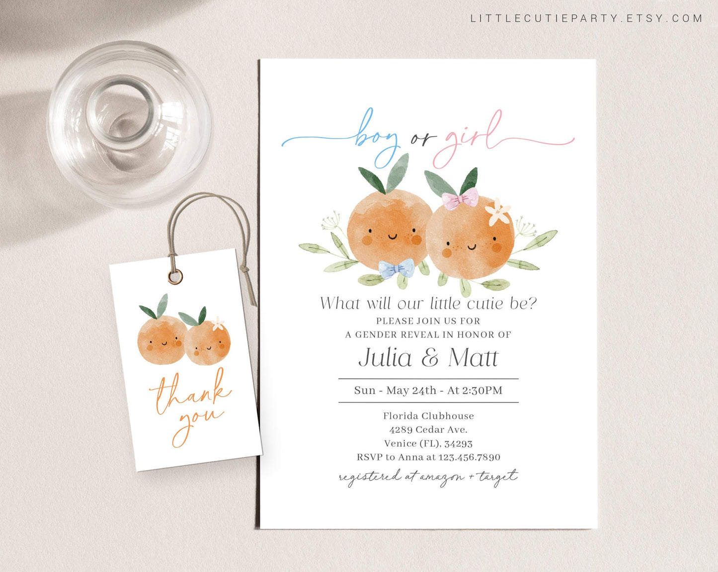 Editable Little Cutie Gender Reveal Invitation, What will Our Little Cutie Be Gender Reveal Invite with Gift Tag, Boy Or Girl LITTGR001