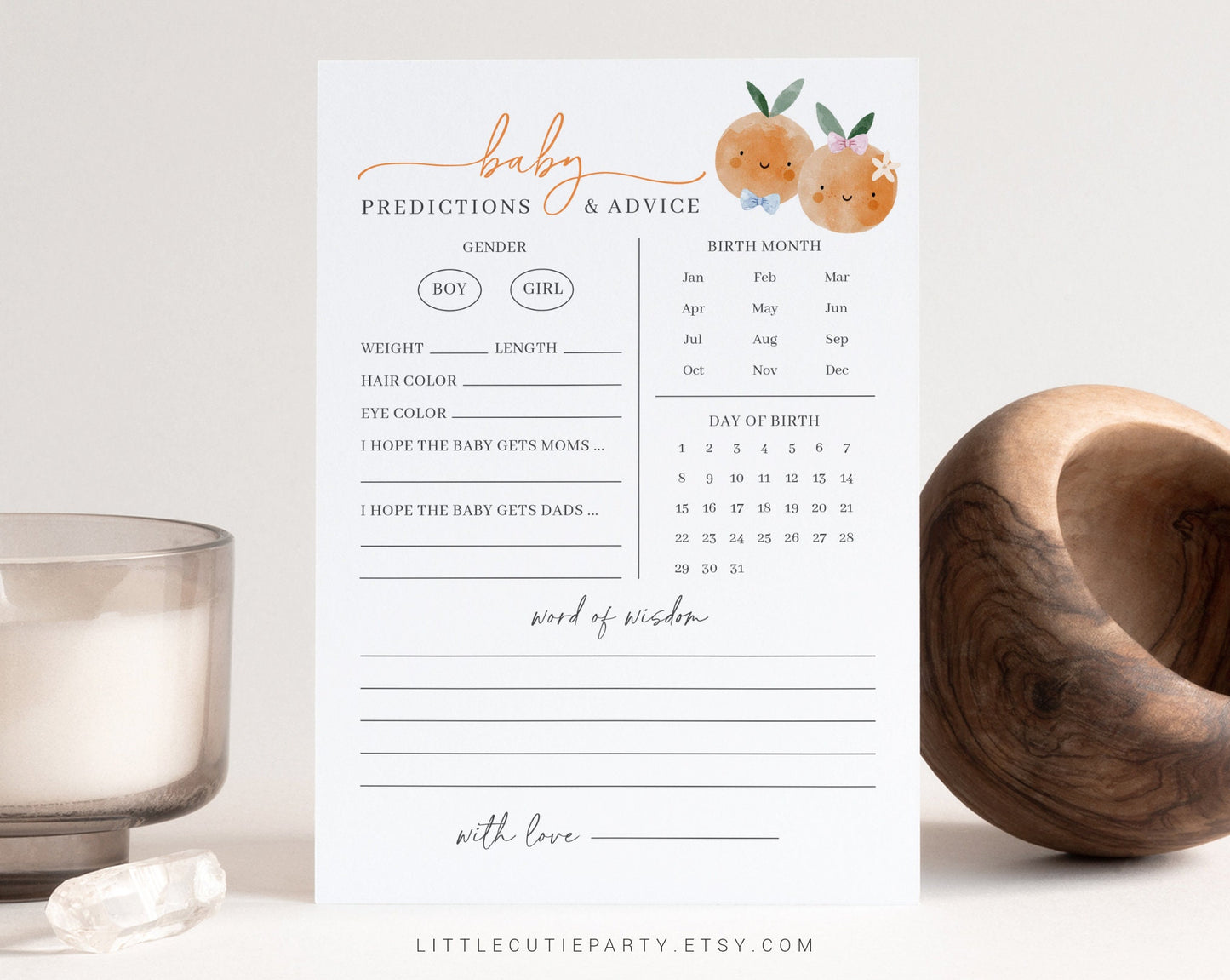 Editable Little Cutie Baby Predictions and Advice Card, Baby Prediction Card, Gender Reveal Party, He Or She, Boy Or Girl LITTGR001