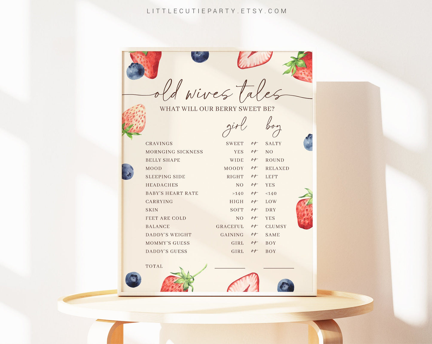 Editable Berry Old Wives Tales Gender Reveal Board, Old Wives Tales Game Sign, Old Wives Tales Poster Boy Or Girl BERGR002