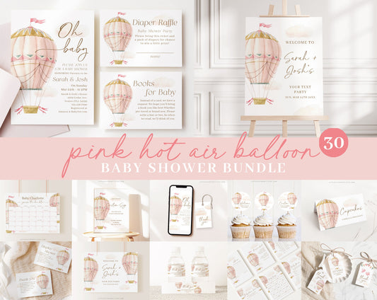 Editable Pink Hot Air Balloon Baby Shower Invitation Bundle, Oh Baby Girl Baby Shower, Games Bundle, Pink Hot Air Balloon Decor PHBBS001