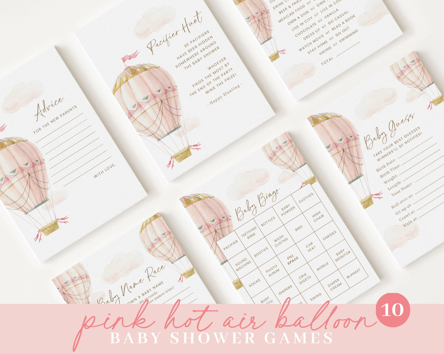Editable Pink Hot Air Balloon Baby Shower Invitation Bundle, Oh Baby Girl Baby Shower, Games Bundle, Pink Hot Air Balloon Decor PHBBS001