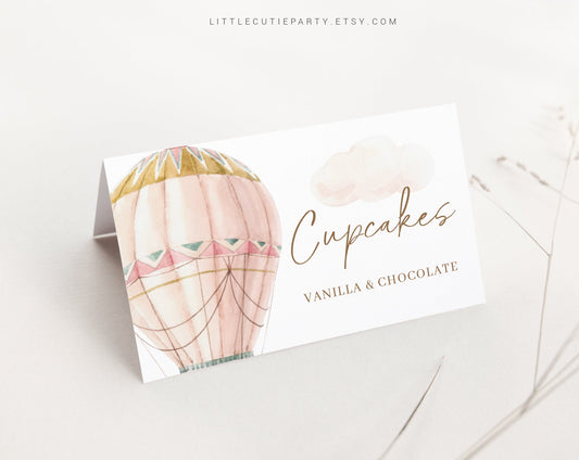 Editable Pink Hot Air Balloon Baby Shower Food Labels, Food Tent cards, Folded Food Cards for Pink Girl Baby Shower Decor Theme PHBBS001