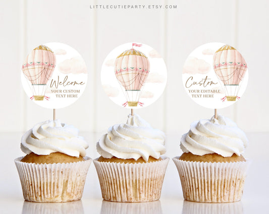 Editable Pink Hot Air Balloon Cake Topper, Pink Hot Air Balloon Cupcake Toppers, Baby Shower Cake Topper Decorations PHBBS001
