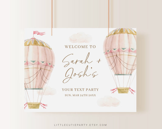 Editable Pink Hot Air Balloon Backdrop Vinyl, Pink Hot Air Balloon Shower Sign, Backdrop for Baby Girl Baby Shower Welcome Sign PHBBS001