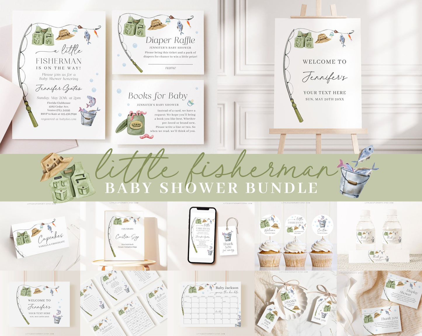 Editable A Little Fisherman Baby Shower Invitation Bundle, Fishing Baby Shower Invite Set with Game Bundle and Fisherman Decoration LFMBS001
