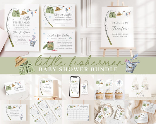 Editable A Little Fisherman Baby Shower Invitation Bundle, Fishing Baby Shower Invite Set with Game Bundle and Fisherman Decoration LFMBS001