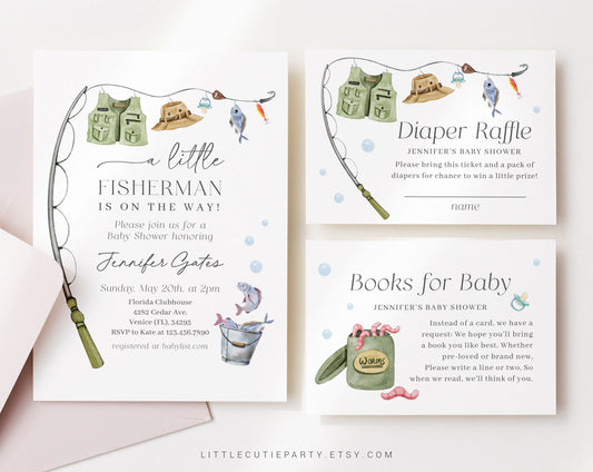 Editable A Little Fisherman Baby Shower Invitation, Fishing Baby Shower Invite with Diaper Raffle, Books for Baby Boy and Gift Tag LFMBS001