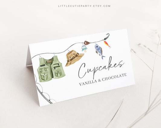 Editable Fishing Food Labels, Food Tent cards, Folded Food Cards for A Little Fisherman Baby Shower Decorations Theme LFMBS001