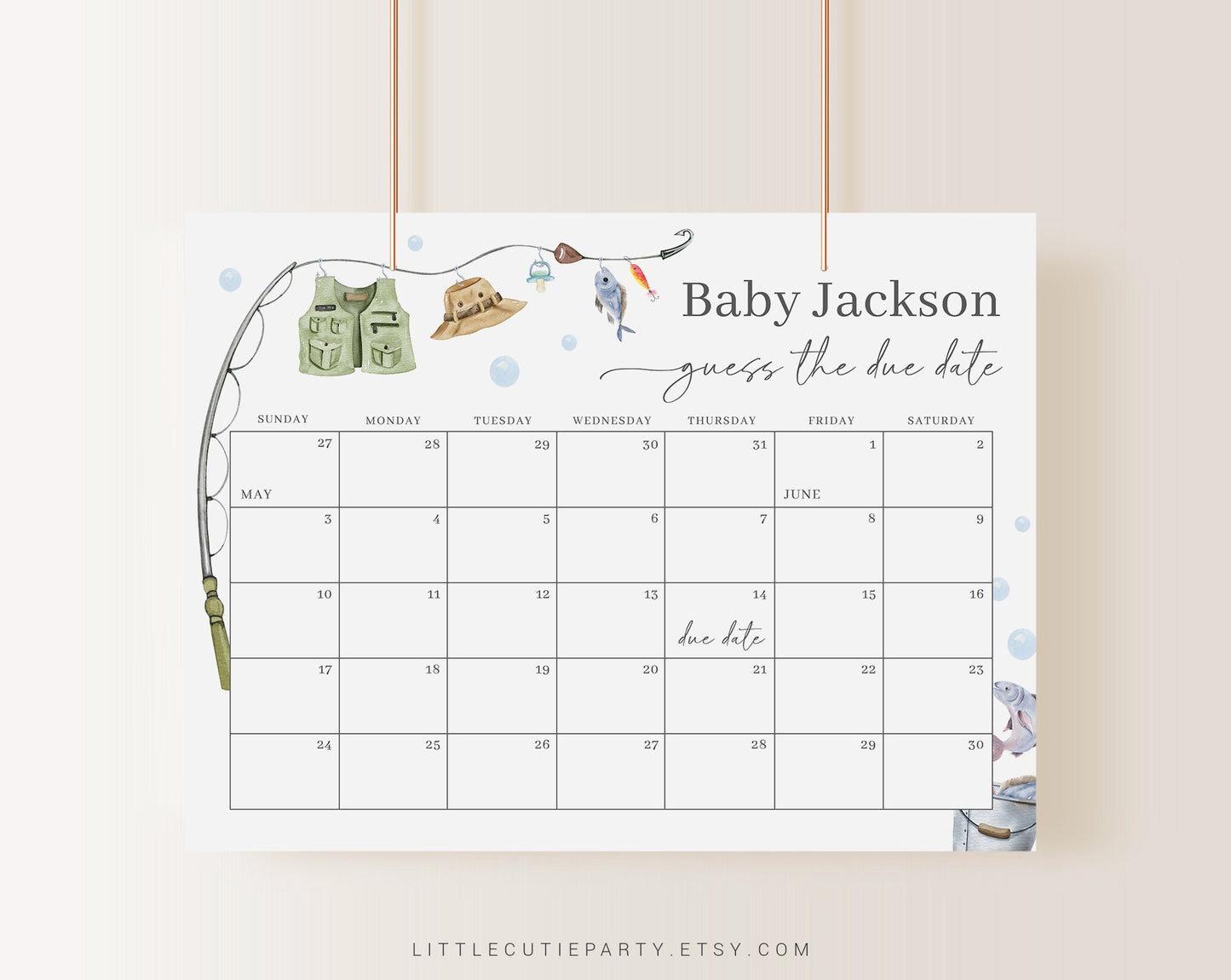 Editable A Little Fisherman Baby Shower Calendar, Fishing Due Date Calendar, Baby Shower Due Date Calendar Games for Shower LFMBS001