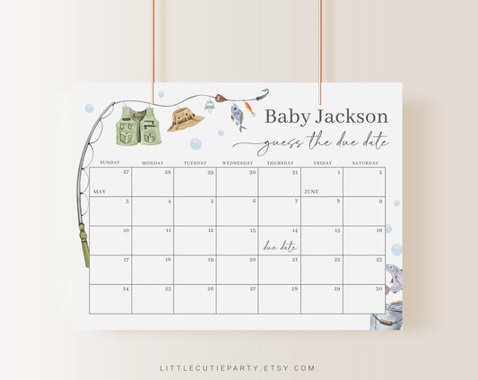Editable A Little Fisherman Baby Shower Calendar, Fishing Due Date Calendar, Baby Shower Due Date Calendar Games for Shower LFMBS001