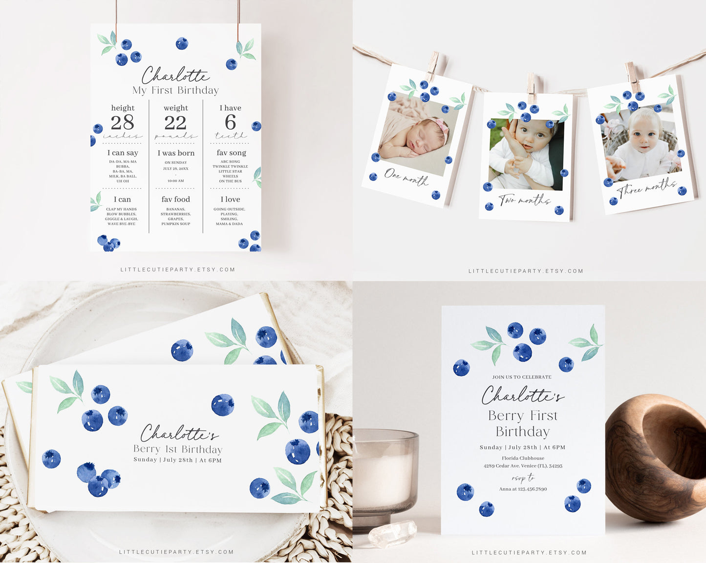 Editable Blueberry Birthday Invitation Bundle, Berry First Birthday Invitation, Berry 1st Birthday Bundle,Blueberry Birthday Decor BLUEBD001