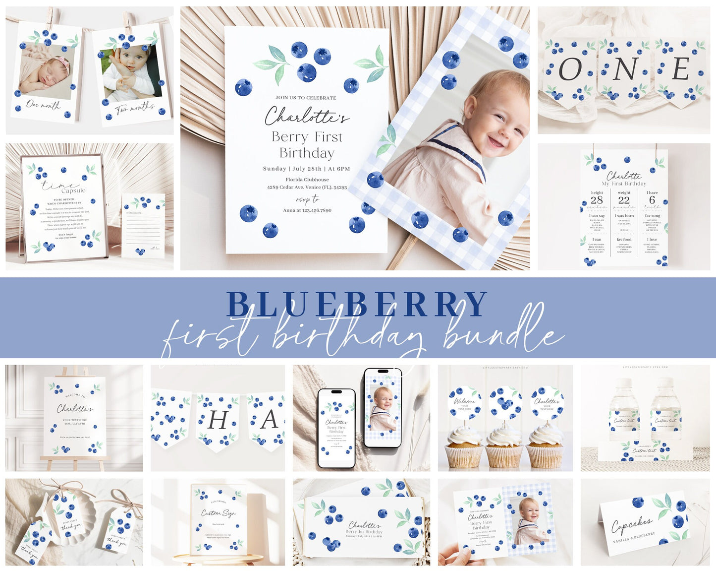 Editable Blueberry Birthday Invitation Bundle, Berry First Birthday Invitation, Berry 1st Birthday Bundle,Blueberry Birthday Decor BLUEBD001