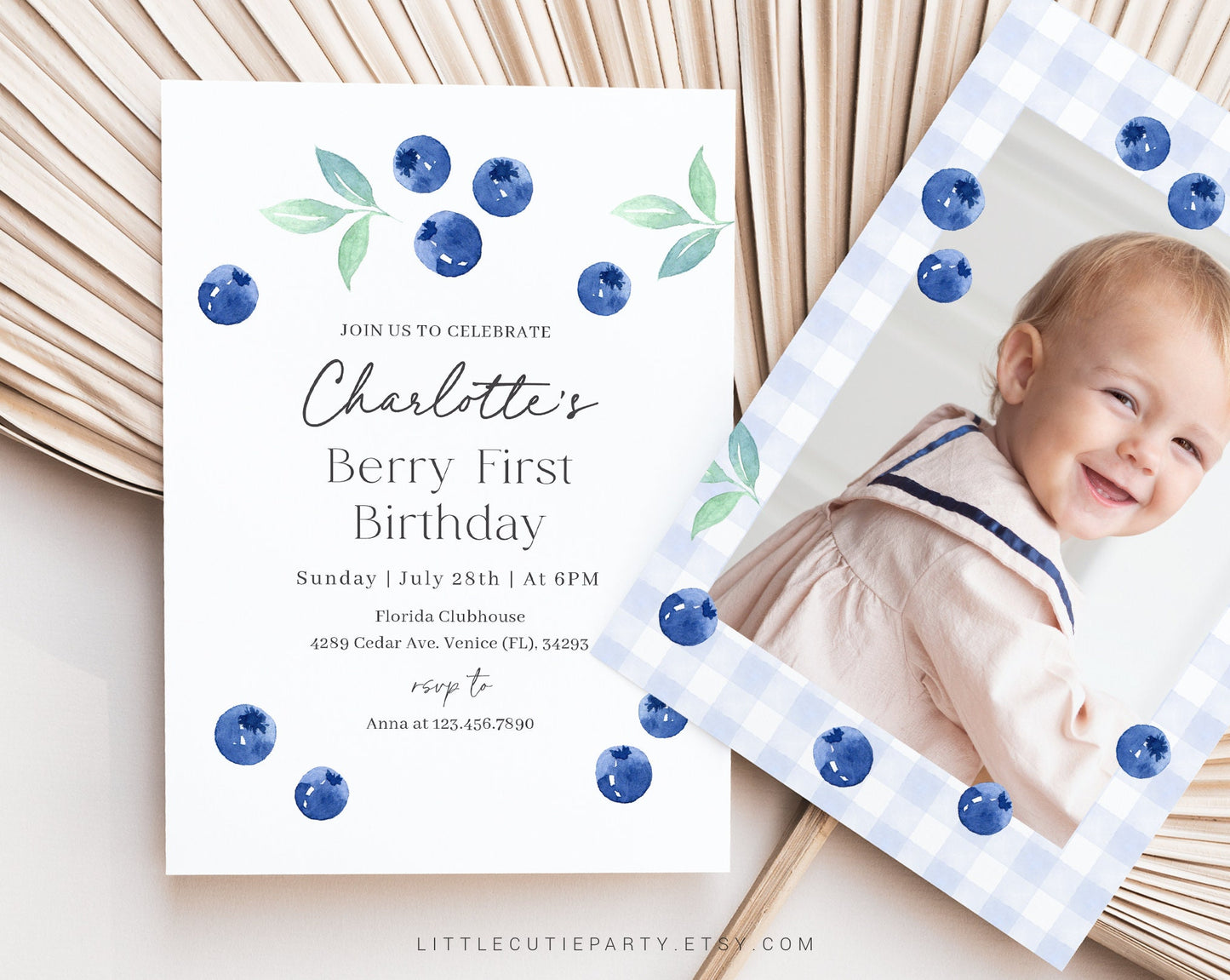 Editable Blueberry First Birthday Invitation with Picture, Berry First Birthday Invitation, Blueberry Invitation with Favor Tag BLUEBD001