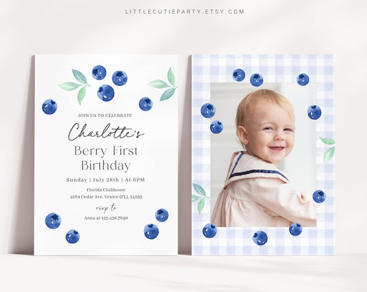 Editable Blueberry First Birthday Invitation with Picture, Berry First Birthday Invitation, Blueberry Invitation with Favor Tag BLUEBD001