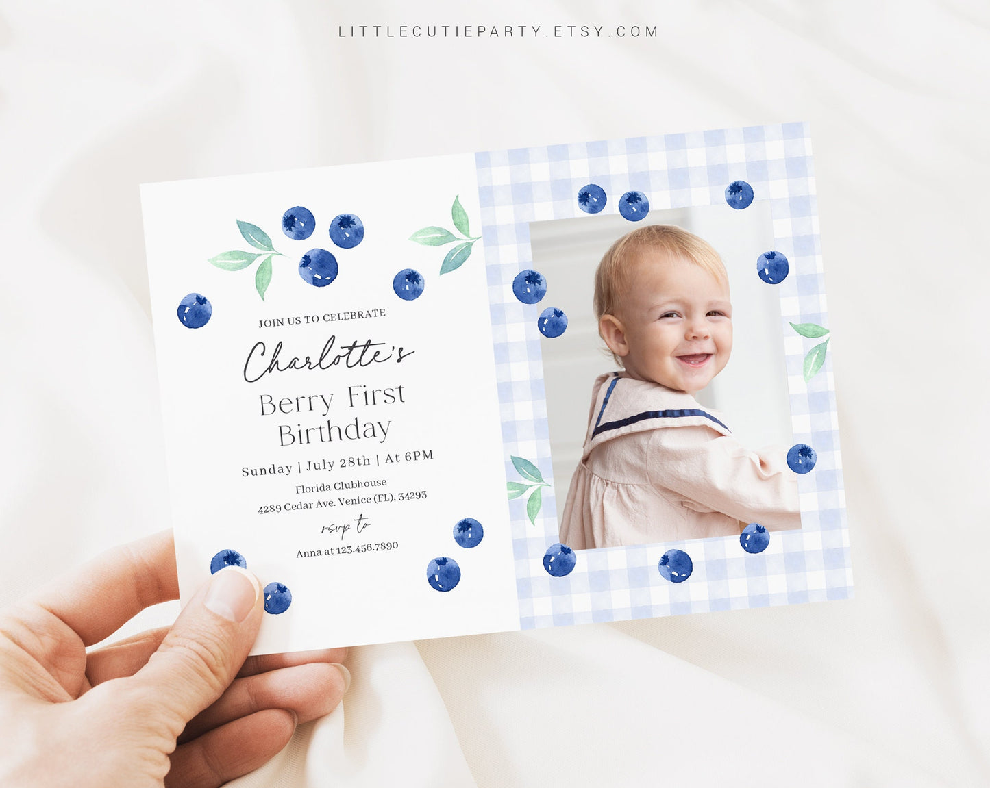 Editable Berry First Birthday Invitation with Picture, Blueberry First Birthday Invite, Berry 1st Birthday with Gift Tag BLUEBD001