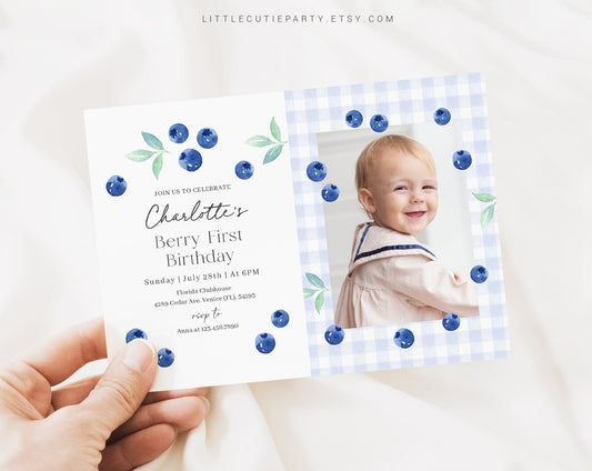 Editable Berry First Birthday Invitation with Picture, Blueberry First Birthday Invite, Berry 1st Birthday with Gift Tag BLUEBD001