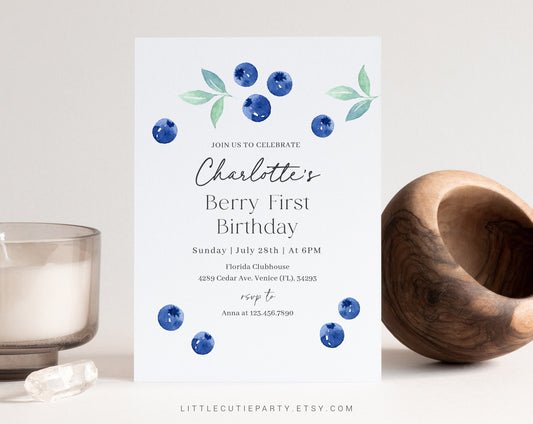 Editable Blueberry Birthday Invitation, Berry First Birthday Invitation, Blueberry First Birthday Card with Gift Tag BLUEBD001