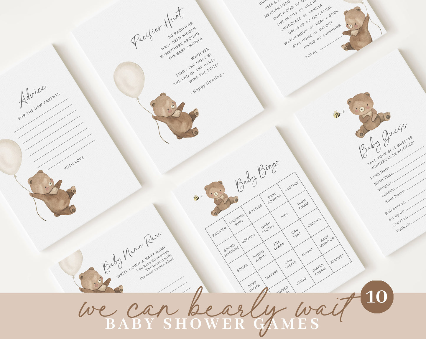 Editable We Can Bearly Wait Baby Shower Invitation Bundle Set, with Games Bundle and All Decorations BRWBS001