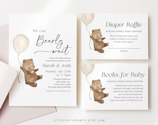 Editable We Can Bearly Wait Baby Shower Invitation Set, with Diaper Raffle, Books for Baby and Tag BRWBS001