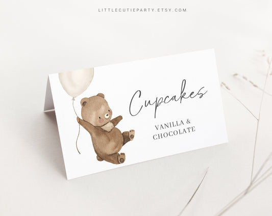 Editable Bearly Wait Baby Shower Food Labels, Food Tent cards, Folded Food Cards BRWBS001