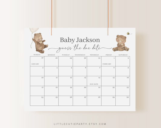 Editable We Can Bearly Wait Due Date Calendar, Due Date Calendar Game for Baby Shower BRWBS001