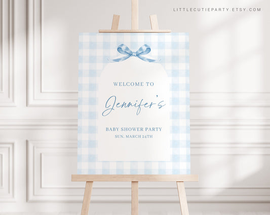 Editable Blue Gingham Baby Shower Welcome Sign, Blue Bow Baby Shower Sign, Welcome Board, Welcome Template Shower Decoration BGHBS001
