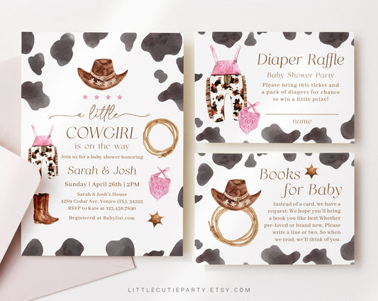 Editable Cowgirl Baby Shower Invitation, A Little Cowgirl is On the Way Baby Shower Invite, Diaper Raffle, Books for Baby and Tag CWGBS001