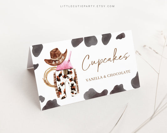 Editable Cowgirl Baby Shower Food Labels, Food Tent cards, Folded Food Cards for A Little Cowgirl Baby Shower Decorations Theme CWGBS001