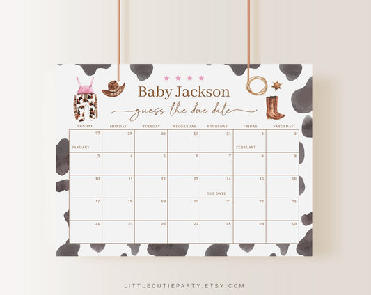Editable Cowgirl Baby Shower Calendar, Cowgirl Due Date Calendar, Baby Shower Due Date Calendar Games for Shower CWGBS001