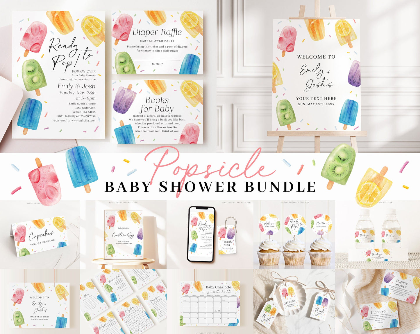 Editable Popsicle Baby Shower Invitation Bundle, Ready to Pop Shower Invite Set with Game Bundle and Ice cream Baby Shower Decor PSCBS002