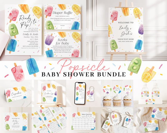 Editable Popsicle Baby Shower Invitation Bundle, Ready to Pop Shower Invite Set with Game Bundle and Ice cream Baby Shower Decor PSCBS002