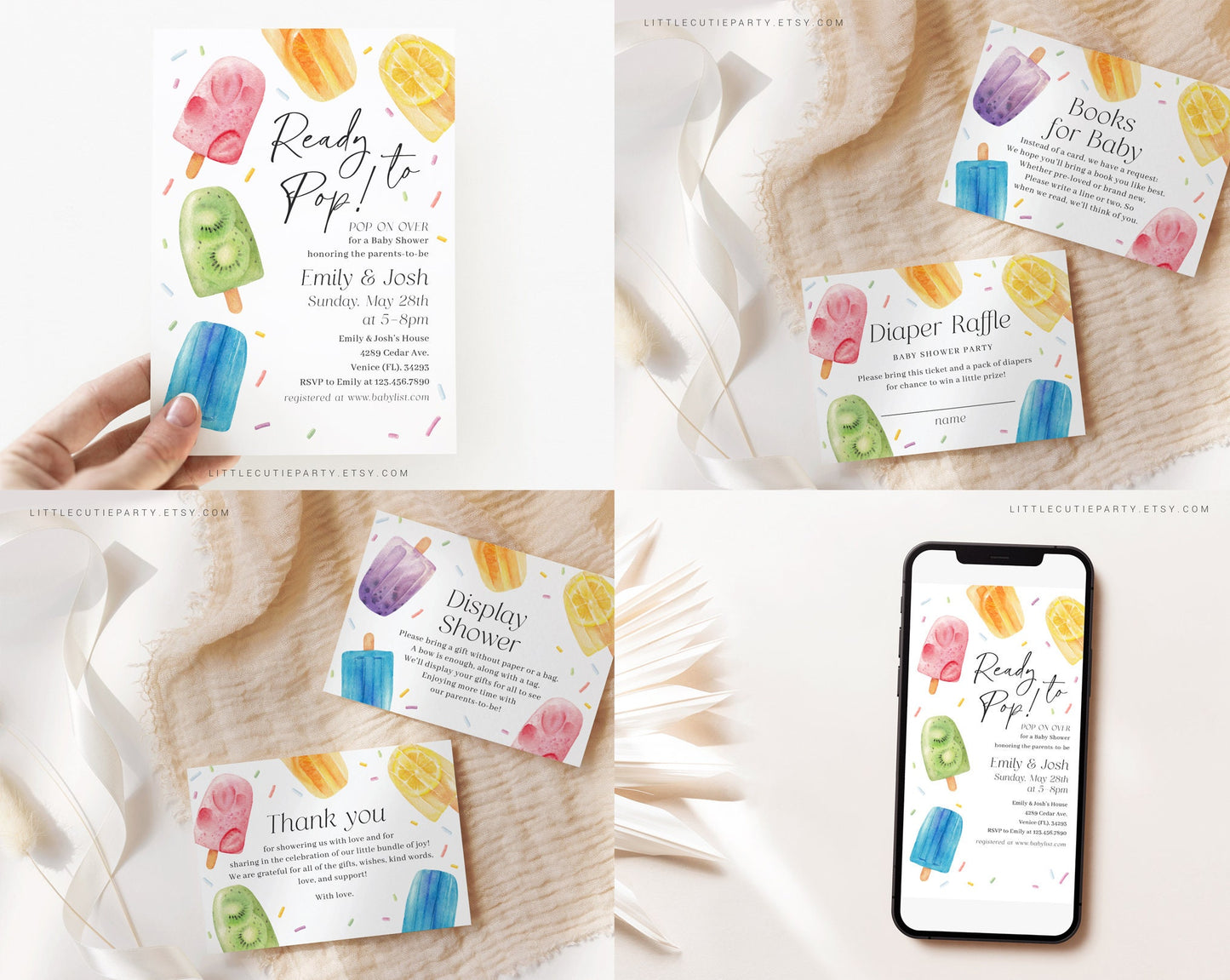 Editable Popsicle Baby Shower Invitation Bundle, Ready to Pop Shower Invite Set with Game Bundle and Ice cream Baby Shower Decor PSCBS002