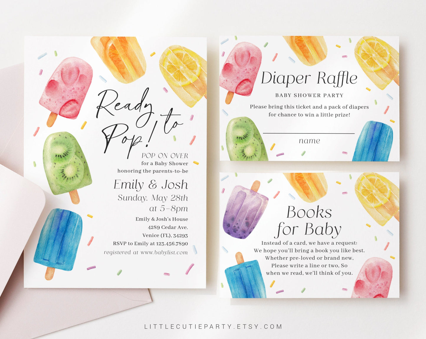 Editable Popsicle Baby Shower Invitation, Ready to Pop Shower Invite with Diaper Raffle, Books for Baby Boy and Gift Tag PSCBS002