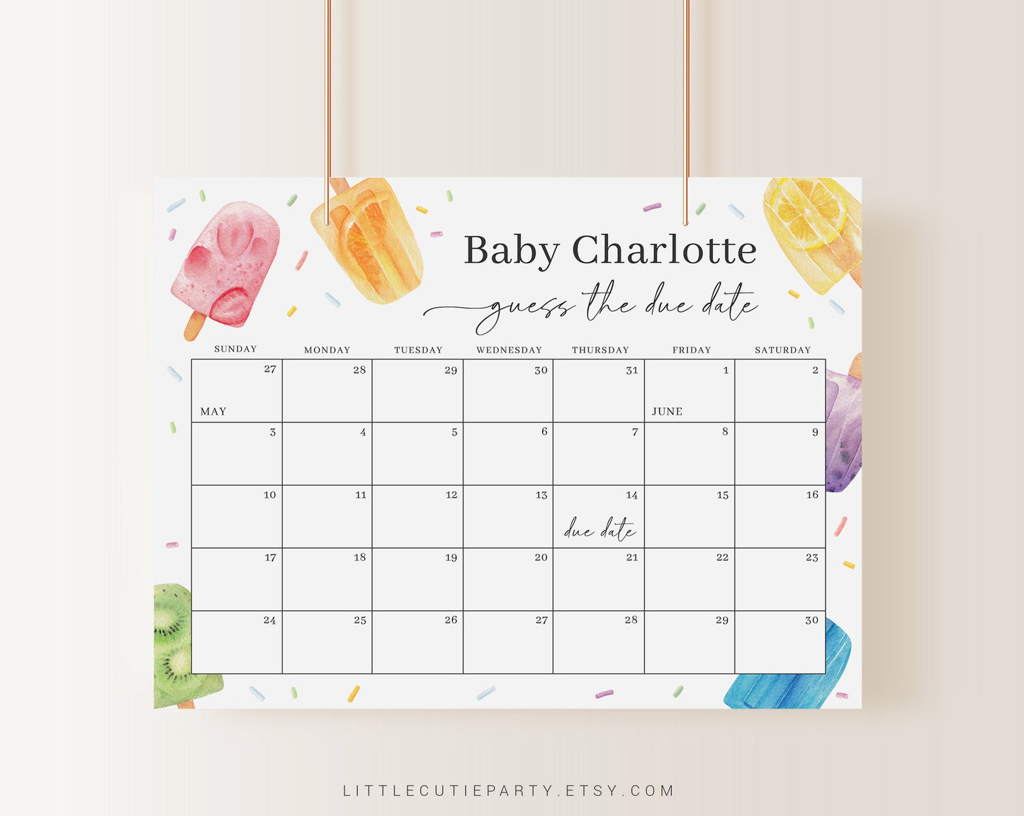 Editable Popsicle Baby Shower Calendar, Ready to Pop Baby Shower Calendar, Baby Shower Due Date Calendar Games for Summer PSCBS002