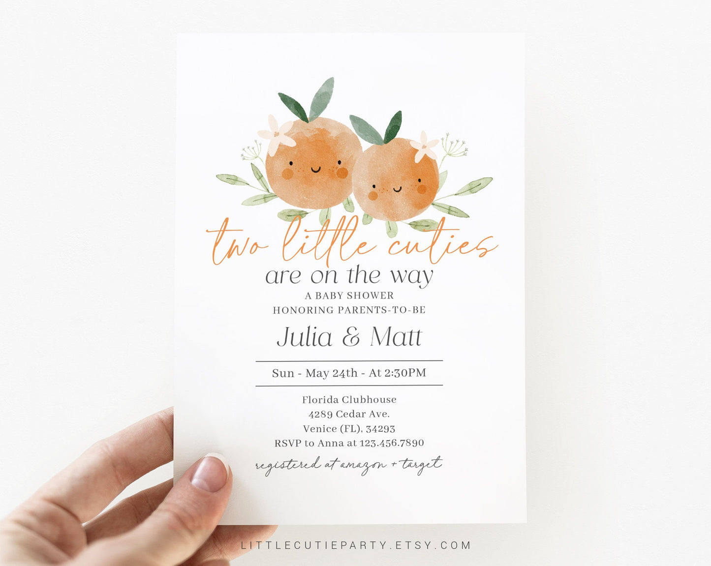 Editable Two Little Cuties Are On The Way Baby Shower Invitation, Twin Baby Shower Invite, Diaper Raffle, Books for Baby and Tag TLCBS001