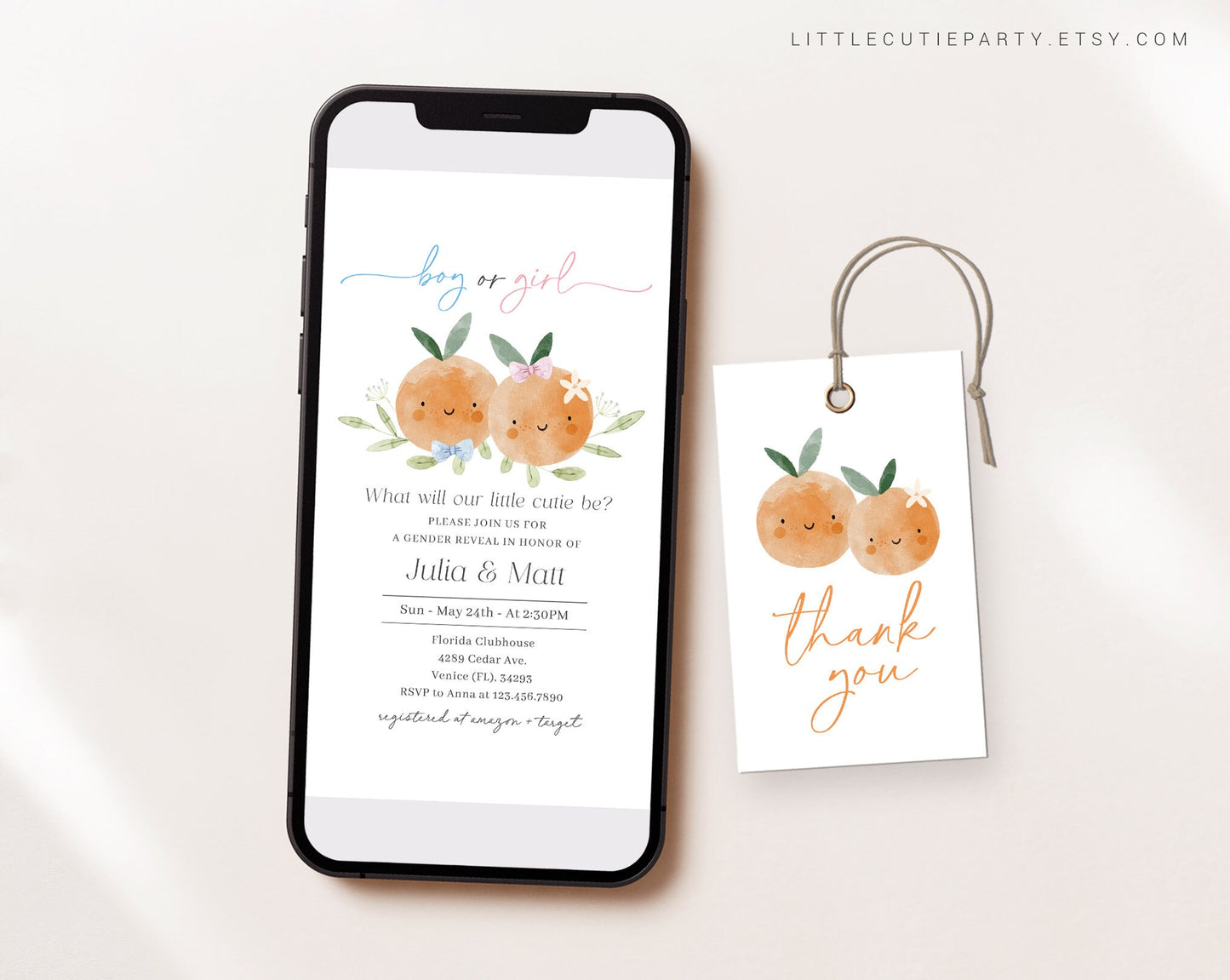 Editable Little Cutie Gender Reveal Invite, What will Our Little Cutie Be Gender Reveal Evite with Gift Tag, Boy Or Girl LITTGR001